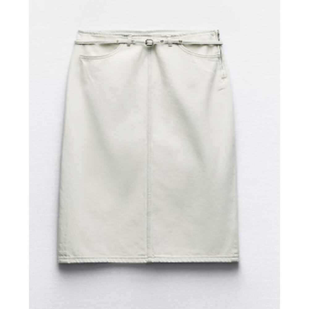 Zara White Denim Belted Midi Pencil Skirt with Pockets and Back Slit Size Large
